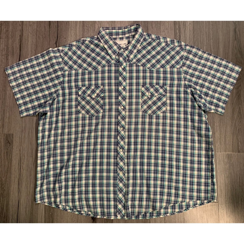 Wrangler Wrancher Men's Blue Plaid Western Button Up Pearl Snap Shirt 3XL‎